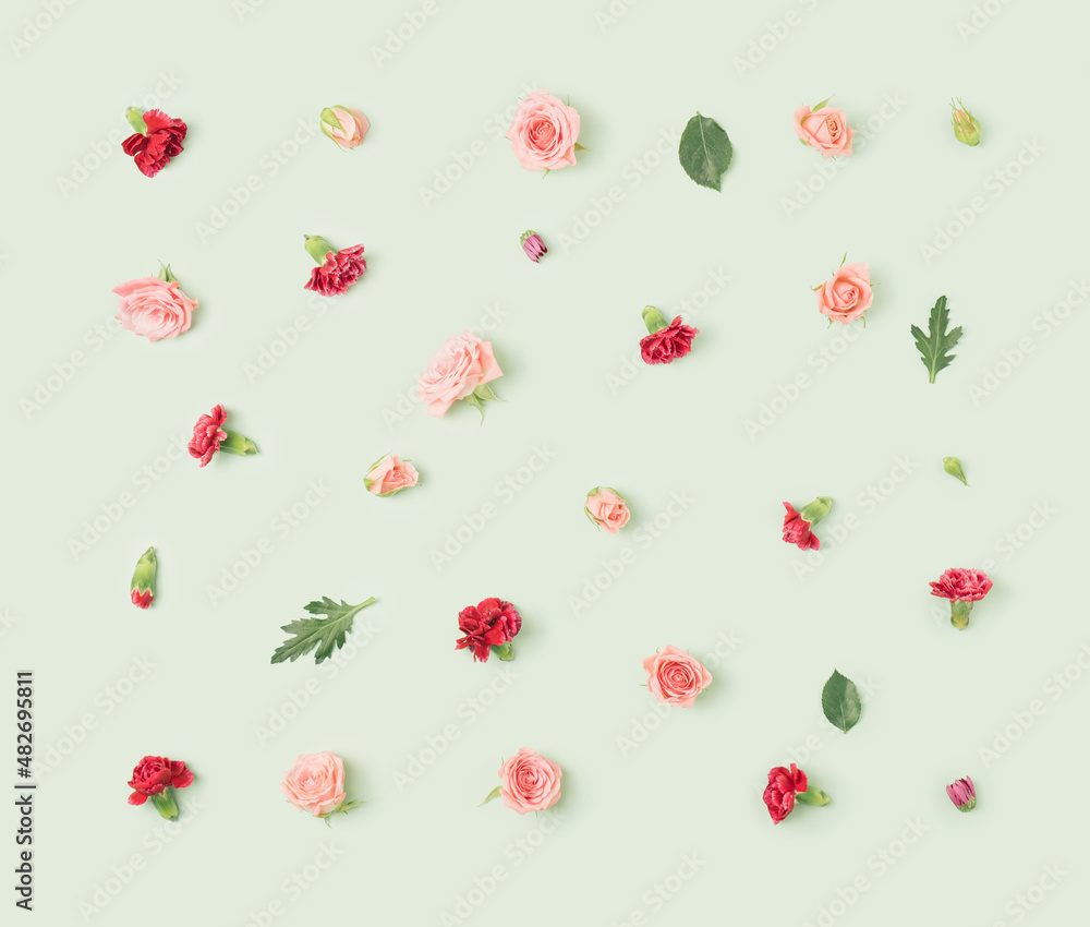 Colorful roses and pinks arranged on a pastel green background. Romantic spring flowers background.