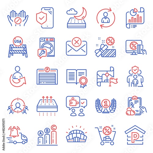 Business icons set. Included icon as Diploma, Laureate award, Medical tablet signs. Washing machine, Report document, Business targeting symbols. Family insurance, Reject mail, Graph chart. Vector