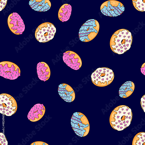 Seamless vector pattern of bright glazed donuts on a dark blue backdrop. Sweet cheerful background in cartoon flat style.