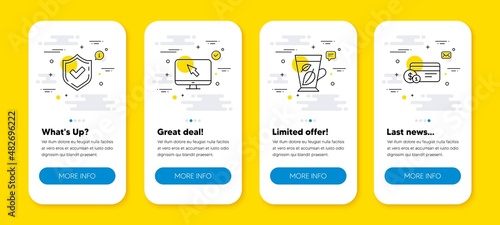 Vector set of Confirmed, Mint leaves and Internet line icons set. UI phone app screens with line icons. Payment method icon. Accepted message, Mentha leaf, Monitor with cursor. Vector