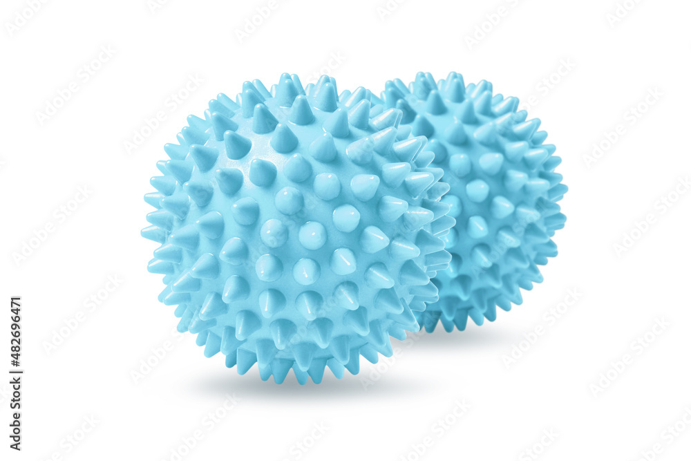 Two blue spiny massage balls isolated on white. Concept of physiotherapy or fitness. Closeup of a colorful rubber ball for dog teeth on a white color background. Corona virus model. Two blue spiny massage balls isolated on white. Concept of physiotherapy or fitness. Closeup of a colorful rubber ball for dog teeth on a white color background. Corona virus model.
