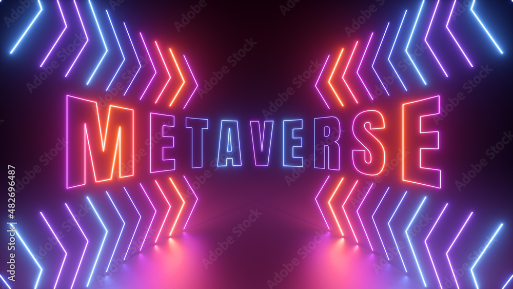 3d render, abstract panoramic background with geometric arrows and metaverse sign glowing with neon light