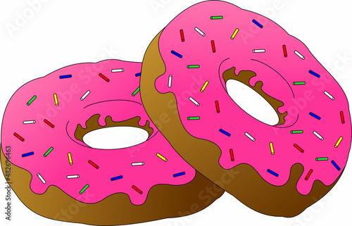 a pair of delicious donuts with pink icing and colorful sprinkles