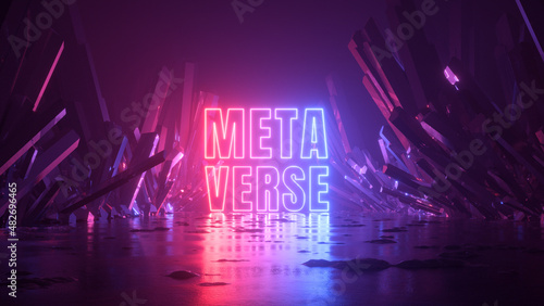 3d render, abstract fantastic background with cosmic landscape with crystals and Metaverse word glowing with neon light