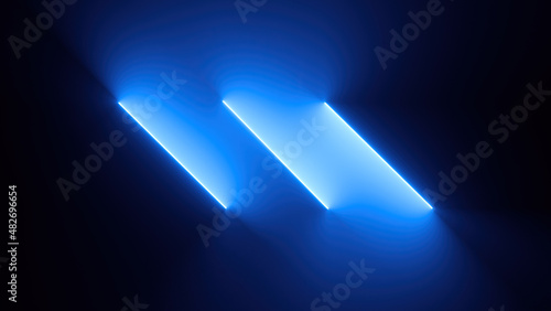 3d render, abstract minimal blue neon background with three parallel lines. Geometric wallpaper photo
