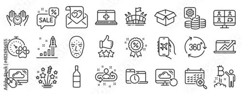 Set of Business icons, such as Medical help, Rating stars, Video conference icons. Wine bottle, Recruitment, Flight mode signs. Dog competition, Opened box, Time management. Safe time. Vector