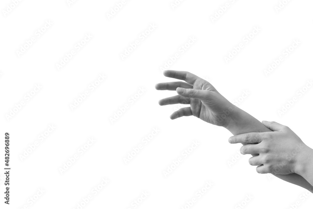 Stop! Don't go there. Do not touch that. Hand that tries to reach someone or something, and the other hand does not allow it. Black and white minimal arms gesture concept on white background.