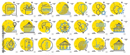 Amusement park line icons. Set of Carousel, Roller coaster and Circus icons. Air balloon, Crane claw machine and Fastpass symbols. Circus amusement park tickets. Ferris wheel carousel. Vector