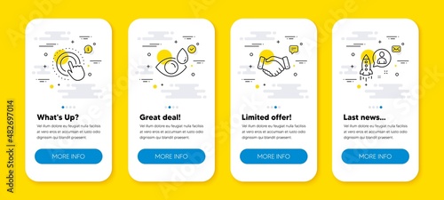 Vector set of Click hand, Employees handshake and Eye drops line icons set. UI phone app screens with line icons. Startup icon. Touch gesture, Deal hand, Check vision. Developer. Vector