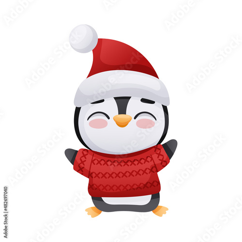 Cute happy penguin in red sweater and Santa hat. Adorable funny baby bird cartoon character. New year and Christmas design vector illustration