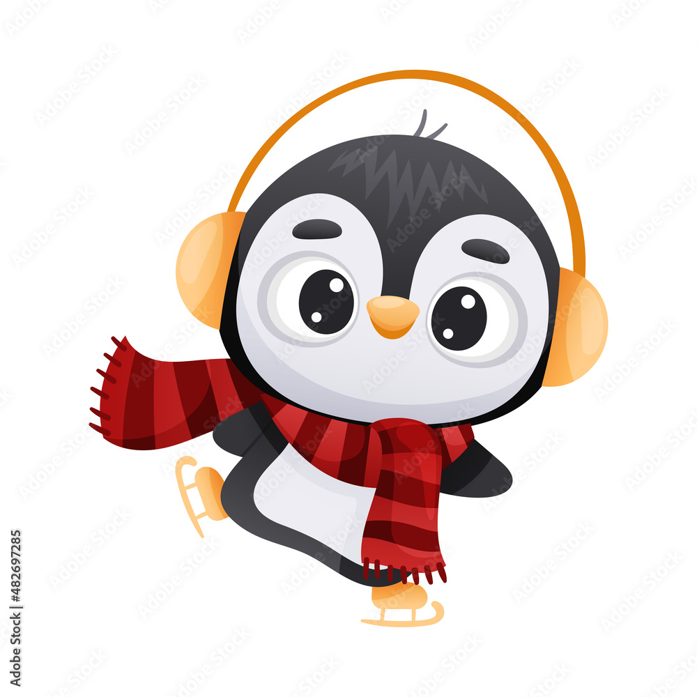 Cute penguin wearing earmuffs and scarf enjoying ice skating. Adorable funny baby bird cartoon character. New year and Christmas design vector illustration