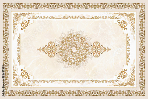 3D-image symmetric ceiling painting in classic style with gold ornaments on beige marble background for ceiling decodation