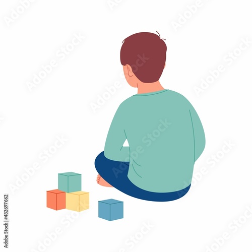 Autism. Boy feeling lonely. Child Playing Alone With Cubes Toys. Early signs of autism syndrome in children. Vector illustration. Children autism. Signs and symptoms of autism in a child