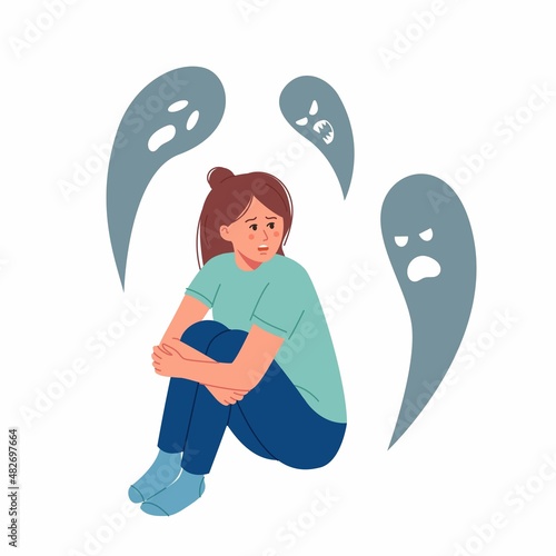 Psychology, panic attack, phobia, frustration, inner fears concept. Young stressed woman sitting and feeling bad with ghosts, fears. Mental health and illnesses. Vector illustration