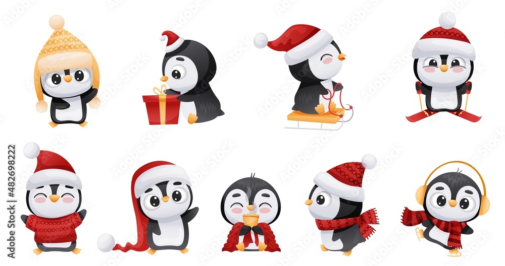 Cute Christmas penguins set. Adorable funny baby bird cartoon character in winter leisure activities. New year and Xmas design vector illustration Cute Christmas penguins set. Adorable funny baby bird cartoon character in winter leisure activities. New year and Xmas design vector illustration