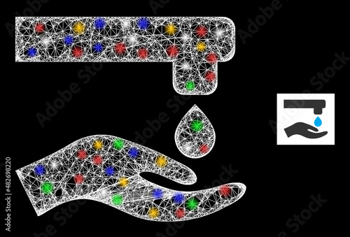 Shiny hatched mesh water thrift hand with multi colored light dots. Illuminated vector frame created from water thrift hand symbol. Sparkle constellation mesh water thrift hand, on a black backgound.