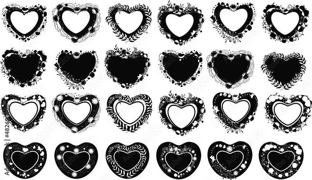 A set of hearts. Ornaments of black silhouettes. Flowers drawn in the shape of a heart. The frame is the heart. Floral pattern on the edge of the heart.For key chains and mugs.Digital mask A set of hearts. Ornaments of black silhouettes. Flowers drawn in the shape of a heart. The frame is the heart. Floral pattern on the edge of the heart.For key chains and mugs.Digital mask