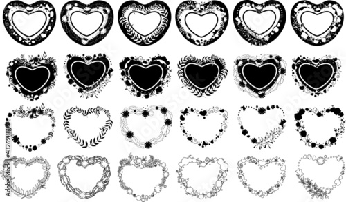 A set of hearts. Ornaments of black silhouettes. Flowers drawn in the shape of a heart. The frame is the heart. Floral pattern on the edge of the heart.For key chains and mugs.Digital mask