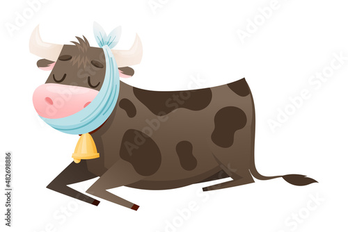 Sick cow farm animal. Sad lying calf with bandage on its head suffering from toothache or headache cartoon vector illustration