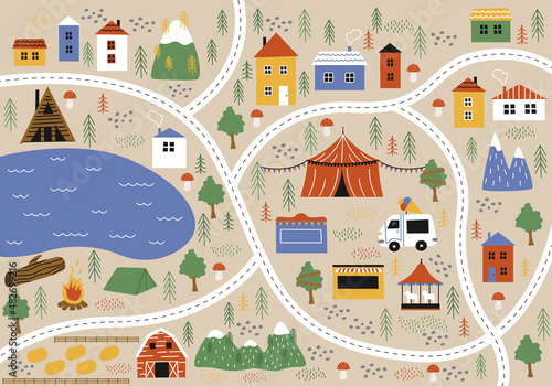 Vector countryside village colorful map with houses, fair, circus, farm, river and mountains. Kids game, rug template. Cute doodle town maze background