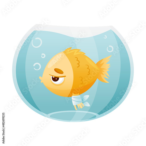 Sick fish in aquarium. Sad fish with bandage on its fin cartoon vector illustration