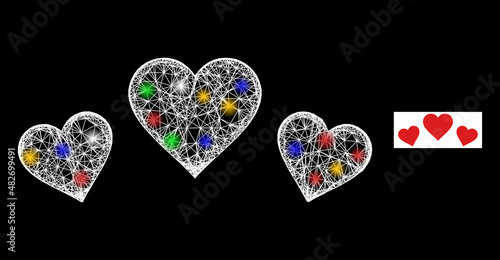Glare net mesh love rating with multi colored bright dots. Illuminated vector structure created from love rating symbol. Sparkle carcass mesh love rating, on a black backgound.