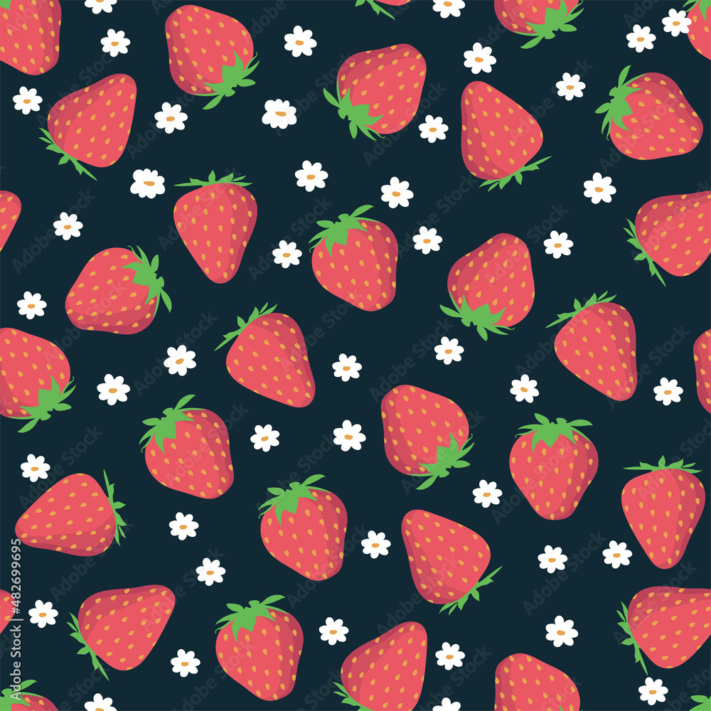 Strawberry with leaves and flowers vector pattern background. Fruit illustration isolated on dark background. Seamless background with red strawberries for wrapping paper, wallpaper Strawberry with leaves and flowers vector pattern background. Fruit illustration isolated on dark background. Seamless background with red strawberries for wrapping paper, wallpaper