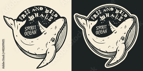 Monochrome nautical and marine round labels with whale in vintage style isolated. Emblem for t-shirts. Vector