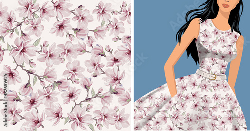 Seamless vector vintage floral pattern for gift wrap, fabric, cover and interior design with flowers. And example of usage with mock up pattern. Magnolia