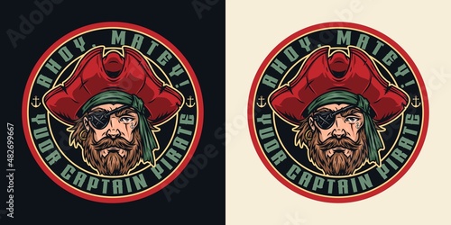 Round marine emblem with colorful pirate face, wearing hat and eye patch  isolated vintage vector