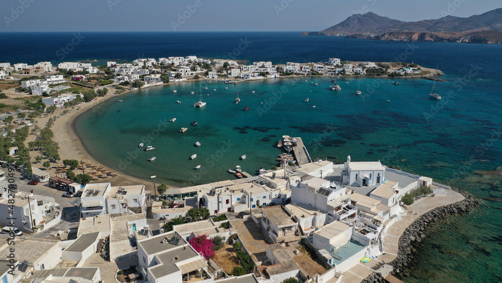 Aerial drone photo of picturesque Pollonia a quiet, family -friendly village on the north-east corner of Milos island, Cyclades, Greece