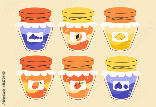 Homemade jam, jelly simple elements collection. Fruit confiture flat isolated set. Jars of berry preserved in flat design.
