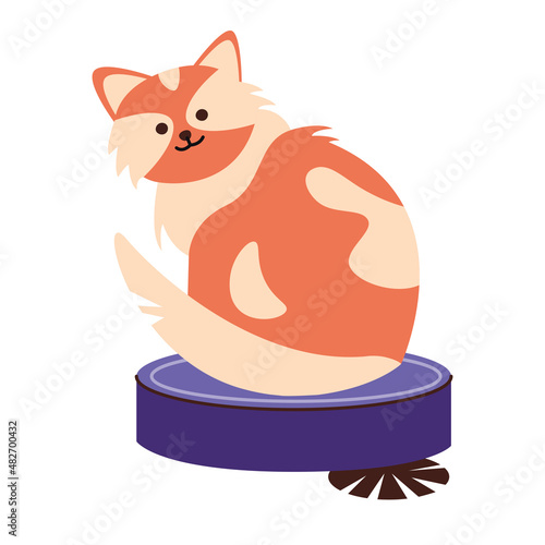Funny cat riding on top of robot vacuum cleaner. Cute animal and smart house. Cleaning after pet. Isolated flat vector illustration. Design element.