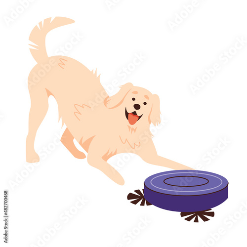 Funny dog playing with robot vacuum cleaner. Smart home equipment and domestic animals. Isolated flat vector illustration. Design element.