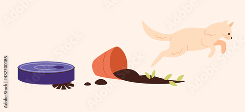 Funny dog breaks flower pot and robot vacuum cleaner cleans it up. Smart home and domestic pets concept art. Isolated flat vector illustration. Design element.