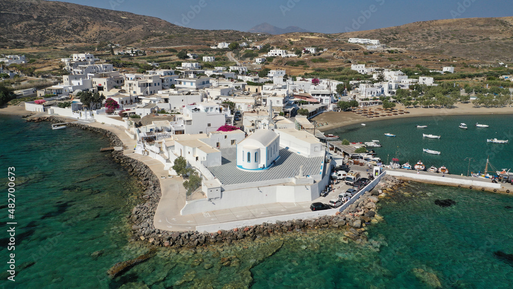 Aerial drone photo of small picturesque chapel of Agia Paraskevi in Pollonia village on the north-east corner of Milos island, Cyclades, Greece