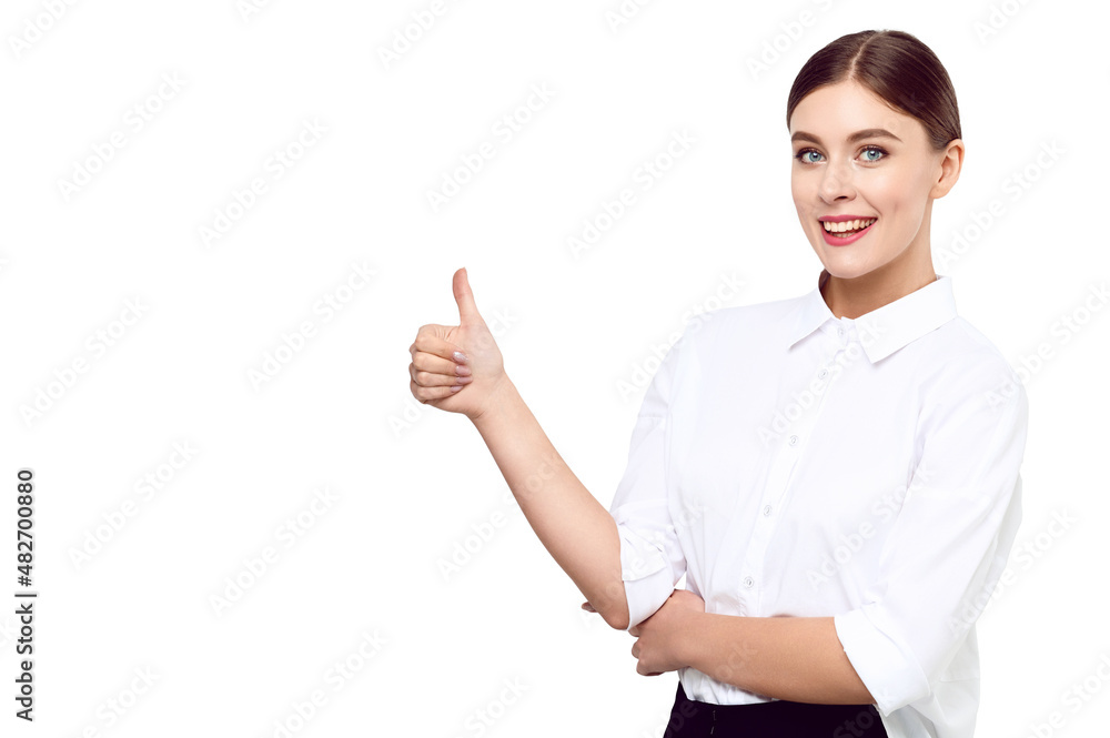 Young smiling beautiful sexy woman in white shirt business lady showing thumb up gesture smiling on white isolated background Young smiling beautiful sexy woman in white shirt business lady showing thumb up gesture smiling on white isolated background
