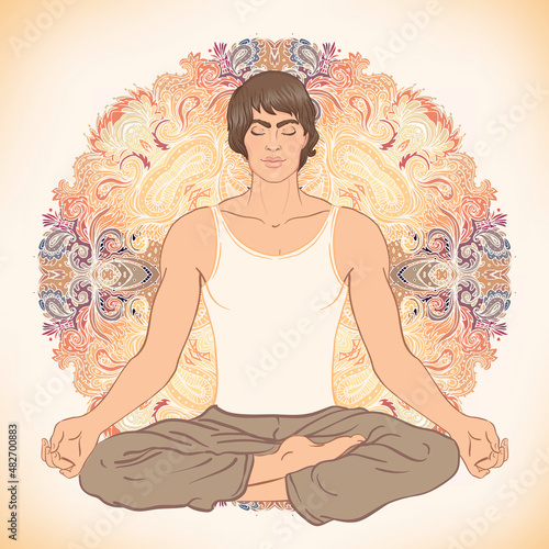 Beautiful Caucasian Man sitting in Lotus pose with ornate mandala on background. Vector illustration. Spa consent, yoga studio, or natural medicine clinic.