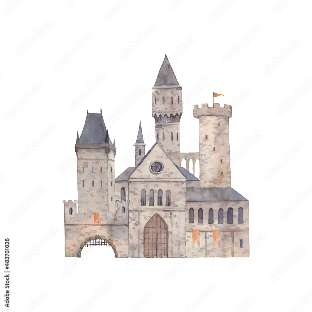 Watercolor fantasy castle. Medieval building isolated on white background.