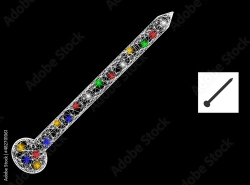 Bright net mesh needle with multicolored glowing spots. Illuminated vector carcass created from needle icon. Sparkle carcass mesh needle, on a black backgound.