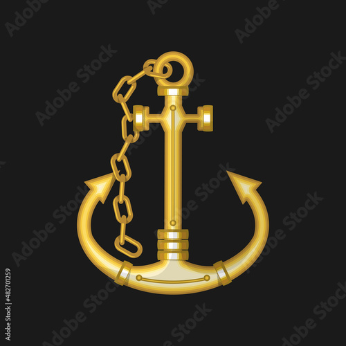 Golden marine boat anchor with a chain. Vector illustration