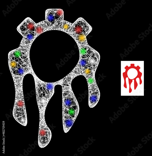 Shiny net mesh melting gear with multi colored glowing spots. Illuminated vector model created from melting gear pictogram. Sparkle frame mesh melting gear, on a black backgound.