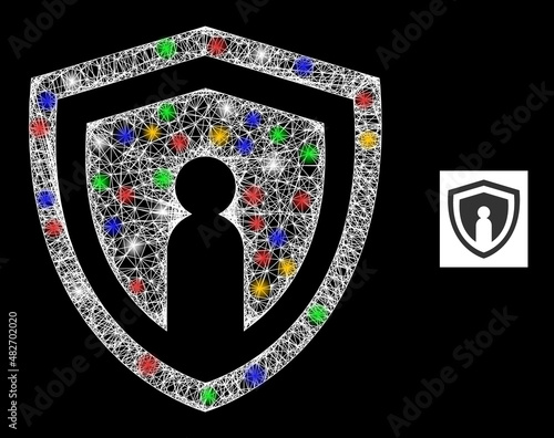 Glowing crossing mesh personal shield with multicolored lightspots. Illuminated vector mesh created from personal shield pictogram. Sparkle carcass polygonal personal shield, on a black backgound.