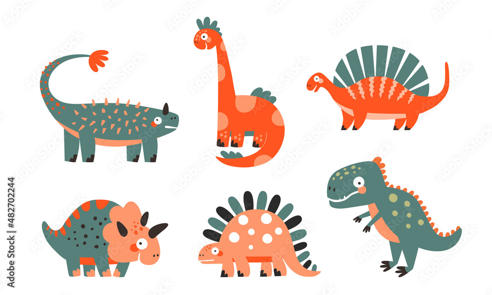 Fototapeta premium Set of vector illustrations with cute dinosaurs on a white background. Great for kids design.