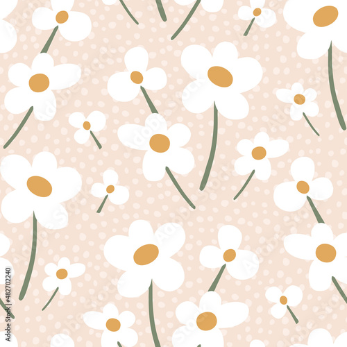 Vector pattern with cute abstract white flowers in doodle style. © Lana
