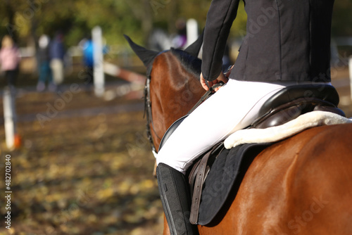 Unknown dressage rider sits on her sport horse during race