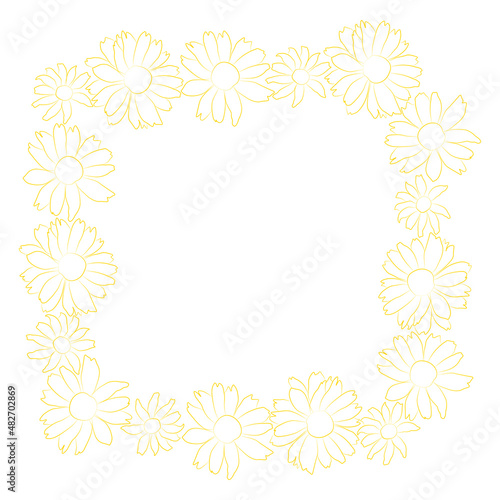 Border of open heliopsis blossom vector outline yellow illustration isolated on white background. Vector sketch style top view hand drawing of wild, heliopsis, false sunflower.