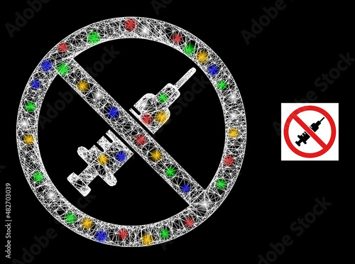 Glare hatched mesh stop vaccine with multicolored light spots. Illuminated vector mesh created from stop vaccine pictogram. Sparkle carcass polygonal stop vaccine, on a black backgound.