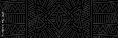 Art banner, cover design. Dynamic geometric ethnic 3d pattern on black background, embossed texture. Decor for business background, magazine layout, brochure, booklet, flyer, website.