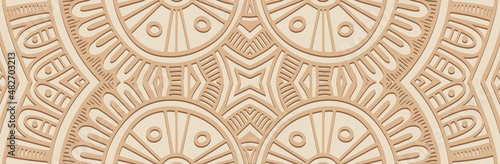 Art banner, cover design. Modern geometric ethnic 3d pattern on a beige background, embossed texture. Decor for business background, magazine layout, brochure, booklet, flyer, website.
